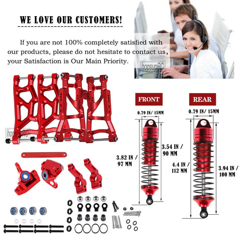 Front And Rear Full Metal Shock Upgrade Kit For One Tenth Scale Rustler And Stampede VXL 2WD RC Cars With Alloy A Arms in red