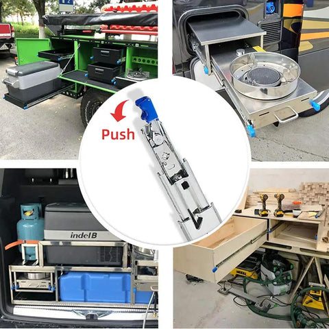 Beefy Heavy Duty Drawer Slides 40 Inch 3 Section Full Extension Ball Bearing Metal Drawer Runners in use in various settings