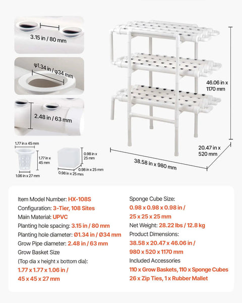 Hydroponics Growing System Kit For Home Garden With 3 Tier 108 Sites UPVC Pipe Hydroponic Grow Kit Timed Irrigation setup
