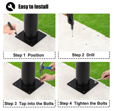 Installation steps for Built Tough Plastic Bollard Stopper With Super Bright Reflective Tape, showing positioning, drilling, tapping, and tightening bolts.