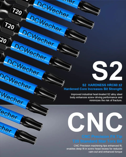 10 Pack 2 Inch T20 Torx Bit Set For Impact Driver highlighting S2 alloy steel hardness with CNC machined tips and hex shank