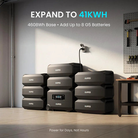 Stack of Guardian 6000 V2 Portable Power Station 120V 240V Dual Voltage, 7200W Boost, expandable to 41kWh in garage