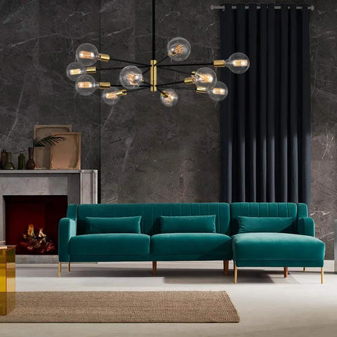 Modern 12 Light Sputnik Chandelier in Black and Gold for Dining Room Over Table, Mid Century Style Vibe above a teal sofa