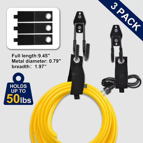 Heavy Duty Garage Hooks 18 Pack With Anti Slip Coating And 3 Organizing Straps Durable Steel Hangers For Tools Ladders Bicycles Gardening Gear And More Grab And Go Ready For Neat Quick Access Garage Storage shown holding hose and cord.