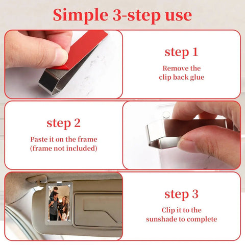 3-step guide showing how to attach the 4 Pack Car Visor Photo Clips With Stainless Steel Clips And Strong Adhesive on sun visor