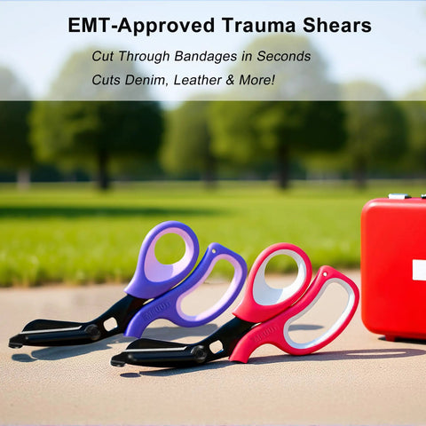 Ambidextrous Trauma Shears 2 Pack Pro Grade Medical Scissors For Nurses And EMTs 7.8 Inch Ultra Sharp 440 Stainless Steel Built Tough To Pass 150000 Cut Tests For Frontline Materials, purple and pink