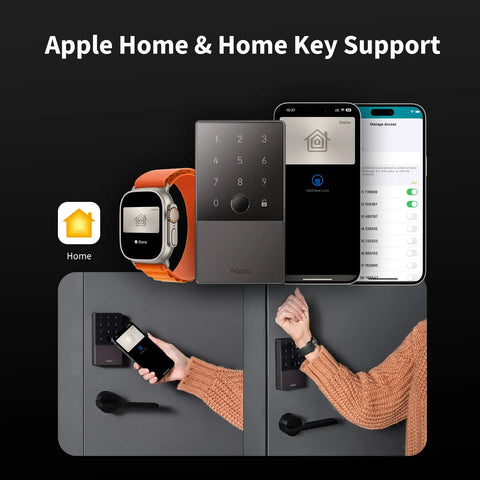 Slick Apple Home Key Smart Door Lock With Quick Scan Fingerprint Reader And Top Shelf Wireless Deadbolt For Totally Hassle Free iPhone Entry In Cool Gray Shell displayed with Apple Watch and iPhone.