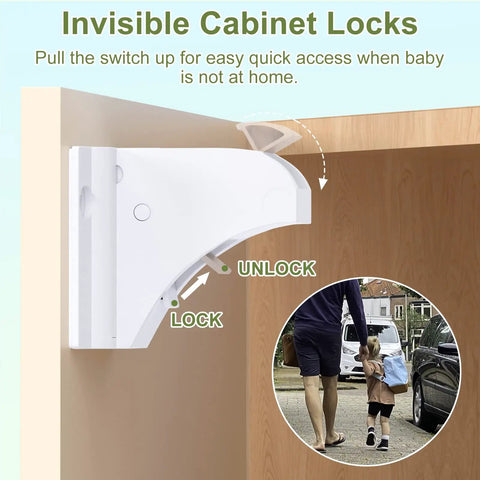 Magnetic Cabinet Locks Set 6 Pack Plus 2 Keys No Drill Baby Proofing shown installed inside kitchen cabinet