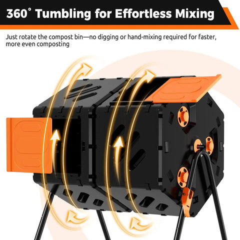 Dual Chamber 45 Gallon Compost Tumbler With 360 Degree Rotating Design For Outdoor Use showing rotating mechanism