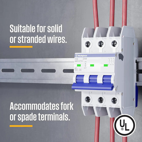 UL 489 AC Miniature Circuit Breaker 5 Amp 3 Pole D Curve 480Y 277V AC 10kA SCCR Thermal Magnetic Trip DIN Rail White WMBB3D05-1 installed