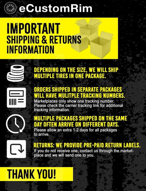 eCustomRim shipping and returns information poster with icons and text details on package tracking and returns policy.