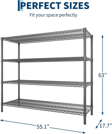 Solid Build Top Tier Heavy Duty Four Tier Metal Wire Shelving Rack With Rust Resistant Powder Coated Steel Frame For Tough Garage Storage And Apartment Setup, dimensions 63'' H x 55.1'' W x 17.7'' D