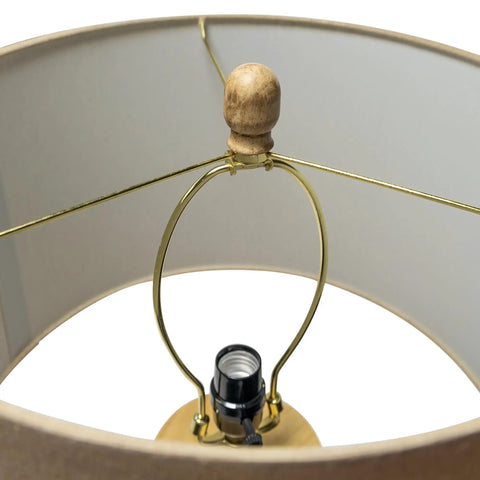 Interior view of Boho Coastal Table Lamp With 23.5 Inch Paper Rope And Wood Base, focusing on the light socket and wood finial.