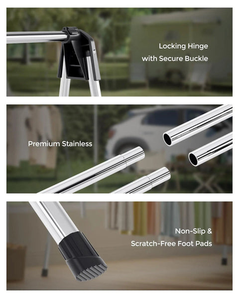 Foldable Clothes Drying Rack Portable Laundry Stand Sturdy Hanging Bars Compact Airer For Apartments Dorm Rooms Closets Quick Dry Setup Zero Fuss Easy Everyday Storage features premium stainless steel material and non-slip foot pads.