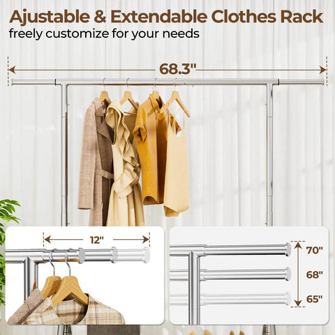 Built Like A Tank Heavy Duty Steel Rolling Clothes Rack Holds 450 Lbs With Sturdy Shelves For Hanging Jeans Coats Dresses Portable Wardrobe With Quiet Casters Easy To Move Around Your Room Silver Finish Garage Ready, adjustable clothes rack with 68.3 inch width.