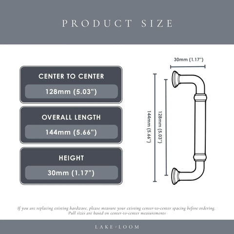 Product size diagram for Brass Gold Cabinet Handles Two Pack 5 Inch 128mm Solid Zinc Alloy Drawer Pulls For Cabinets.