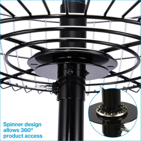Heavy Duty Four Tier Wire Floor Spinner Rack With Drop Bin And Stocking Cart For Top Shelf Retail Shops Or No Fuss Home Organization In Sleek Black Finish, close-up of spinner design mechanism.