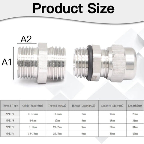 Two Pack NPT One Quarter Inch Stainless Steel Waterproof Cable Gland Connectors For Outdoor Use Built Tough Rugged Wire Glands And Joints Adjustable Range 3 To 6.5 Millimeters Corrosion Resistant shown with dimensions and specifications.