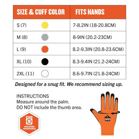 Size and fit guide for ProFlex 7551 Waterproof Winter Work Gloves With Sandy Nitrile Dipped Palms showing sizing chart and instructions.