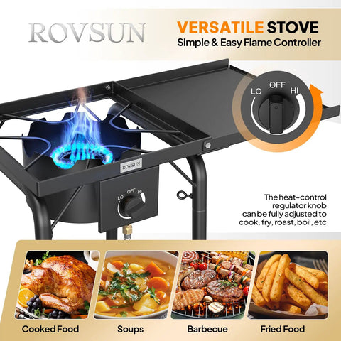 Single Burner Gas Stove With Side Shelf 100,000 BTU Portable Propane Stove flame and regulator detail