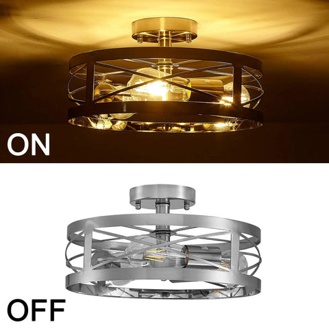 Sleek Modern 3 Light Semi Flush Mount Ceiling Light Brushed Nickel 13 Inch Round Drum Shade Fixture on and off view