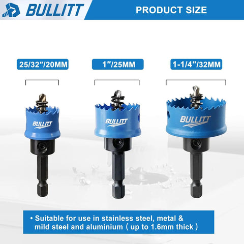 Impact Hole Saw Set With Hex Shank M42 Cobalt Teeth 20mm 25mm 32mm for thin metal drilling, displayed in three sizes.