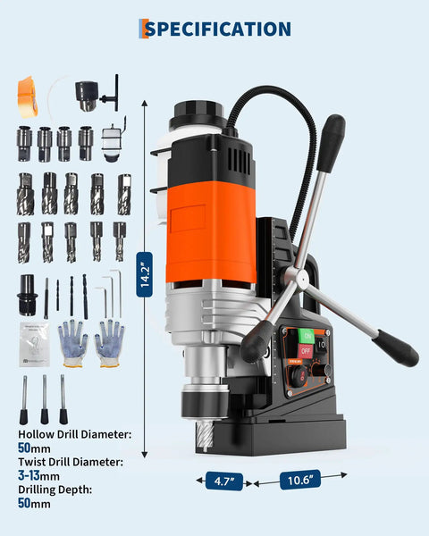2 Inch Magnetic Drill Press with 1850W Power Forward Reverse Tapping Heavy Duty Mag Drill for Steel and Metal Fabrication High Torque 810 RPM Burr Free Holes Industrial Grade Drilling Kit specifications with size and components.