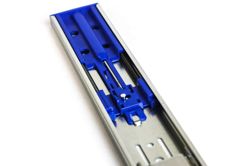 Heavy Duty Soft Close Ball Bearing Drawer Slides 12 inch side mount with blue hardware and springs for smooth glide.