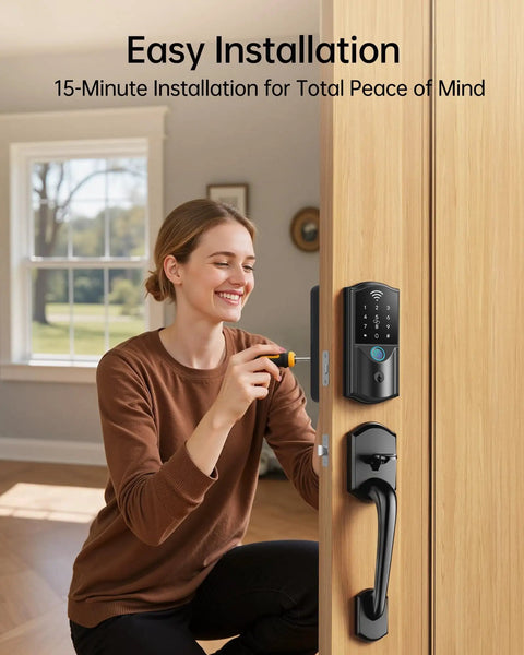 Woman installing Built In WiFi Smart Lock With Handle Set Keyless Entry Front Door Lock on wooden door surface.