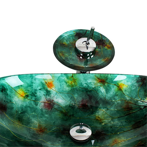Top Drawer Green Oval Tempered Glass Vessel Sink For Stylish Bathroom Vanity Refresh Above Counter Wash Basin With Pop Up Drain and No Sweat Setup Built Rock Solid And Scratch Resistant Always, top view focusing on the sink and pop-up drain.