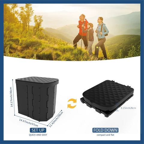 Dope Quality And Rock Solid XL Portable Folding Camping Toilet That Handles Four Hundred Pounds, compact folded design, shown outdoors.