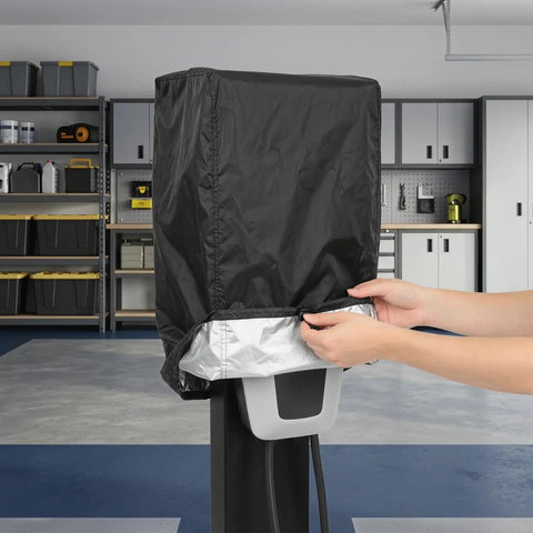 Heavy Duty Outdoor EV Charger Post Cover With Kickass Waterproof And Dustproof Shell protecting charging station with hands adjusting.