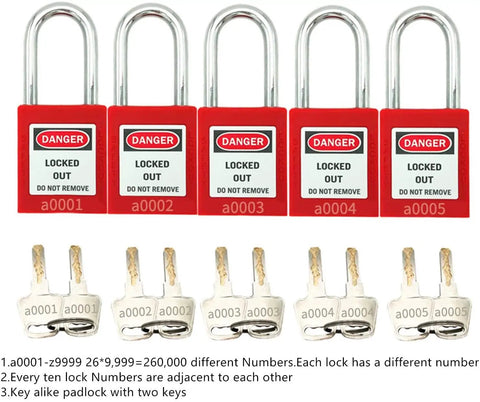 Lockout Tagout Five Pack Identical Padlocks Red Color With Two Keys Per Lock Key Alike Safety Locks For Stations