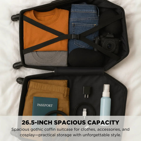 Open gothic coffin carry-on luggage showing packed clothes, camera, passport, and accessories. Ideal for cosplay and travel.
