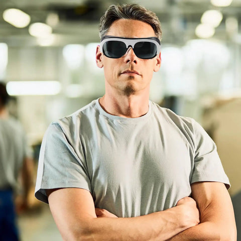 Man wearing Kickass Protective Eyewear And Safety Glasses With Lenses For Welders Lightweight Adjustable Fit Anti Scratch 10 Piece Pack.