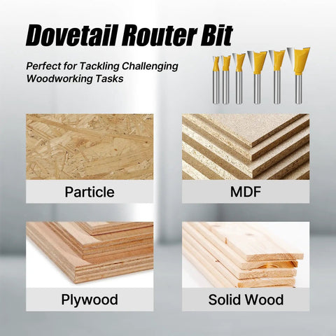 Hella Durable Six Piece Dovetail Router Bit Set Quarter Inch Shank for particle board, MDF, plywood, and solid wood cutting.