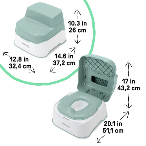 Fast Track Potty Training With This Game Changing 3 In 1 Potty Seat dimensions showing detachable lid and splash guard.