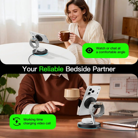 3 In 1 Wireless Charging Dock For iPhone AirPods And Apple Watch With MagSafe Stand displayed on desk during video call