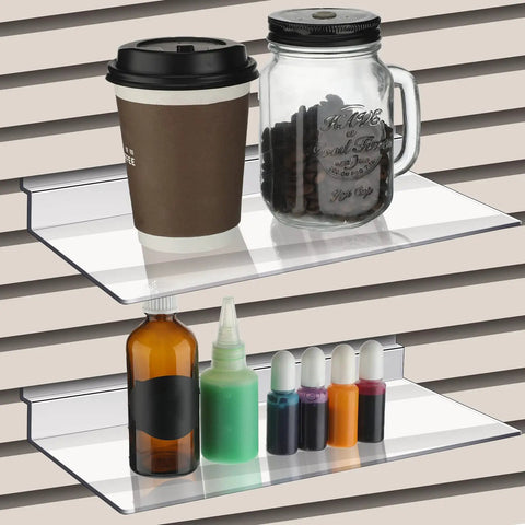 Clear Slatwall Shelves 10 Pack 4X10 Inch Transparent Hanging Display Racks For Retail Merchandising And Home Storage with assorted items.