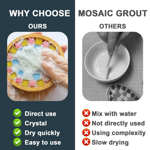 Comparison between quick-dry grout and traditional grout for mosaics; Mosaic Grout For Crafts Black 400g Quick Dry Crystal Tile Grout With Contrast Color Tech shown on left.