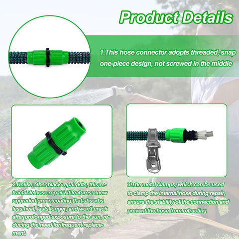 Expandable Garden Hose Repair Kit With Four Dual Channel Connectors And Metal Clamp displayed with green connectors and hose