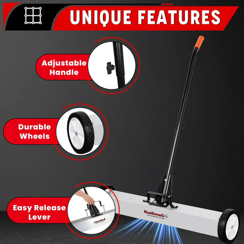 36 Inch Rolling Magnetic Sweeper With Wheels Tackles Nails And Ferrous Debris Fast 55 Lb Heavy Duty Magnet Pickup Long Adjustable Telescoping Handle For Garage And Yard Cleanup