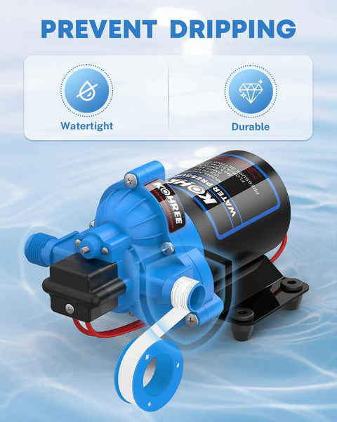 12V DC RV Water Pump 3.5 GPM at 45 PSI self priming diaphragm with pressure switch for camper marine use, watertight