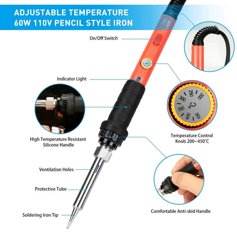 Labeled parts of 60W 110V Soldering Iron Kit With Ceramic Heater, including handle, temperature control, and soldering tip