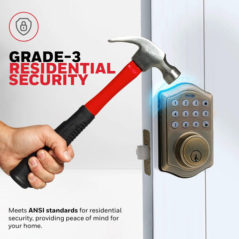 Keyless Entry Door Lock With Smart Electronic Keypad Deadbolt 50 User Codes Auto Lock Alarm After Four Incorrect Attempts Easy Install No Brainer Front Door Security Upgrade Antique Brass Finish showing security against force.
