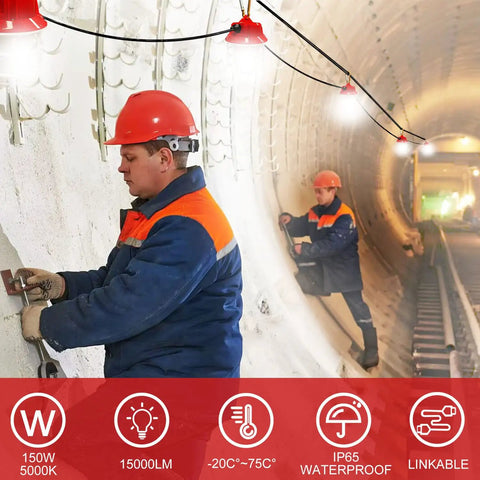Worker using Rugged 100 Foot Construction String Lights Set, 150 Watt Total 15000 Lumens, in tunnel, waterproof durable lighting
