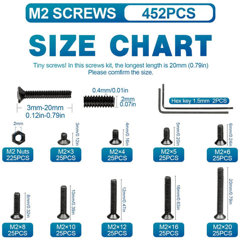 M2 Screws And Nuts Kit Dope Set For 3D Printing RC Planes And Small Projects 452 pieces size chart with screw dimensions