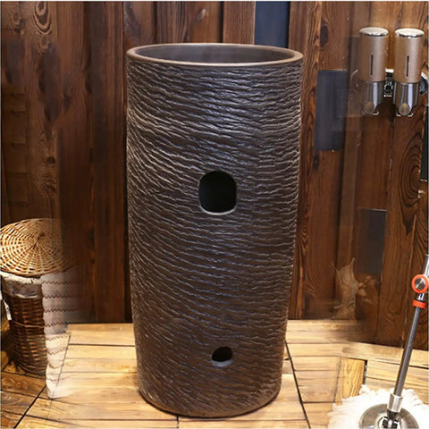 Heavy Duty Ceramic Pedestal Bathroom Sink And Vessel Combo Includes Faucet Drain And Handy Shelf Space Built Tough For Indoor Outdoor Use With Easy Peasy Plumbing Install, detailed textured dark ceramic.