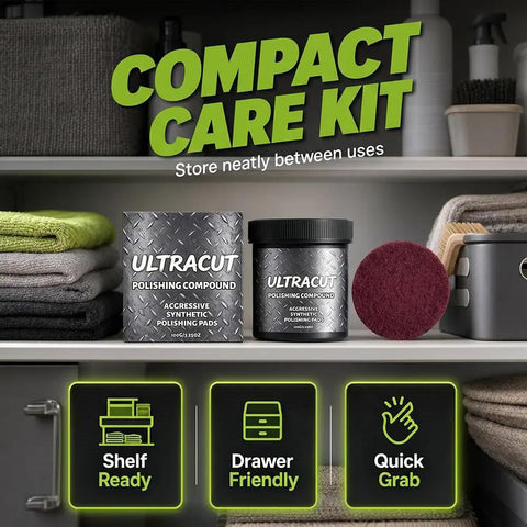 No Sweat All In One Surface Restoration Polish With Buffing Pad for maintaining cleanliness and shine, displayed on a shelf.