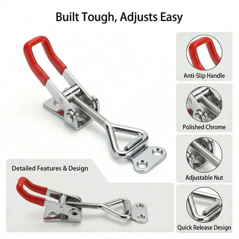 Close-up of Three Piece Adjustable Toggle Latch 4001 Quick Release Clamp with red anti-slip handle in chrome finish